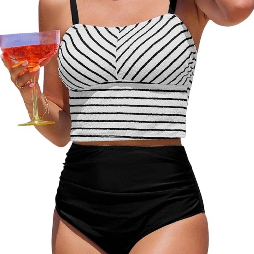 CUPSHE Women's Tankini Sets Square Neck Elastic High Waisted Two Piece Bathing,L